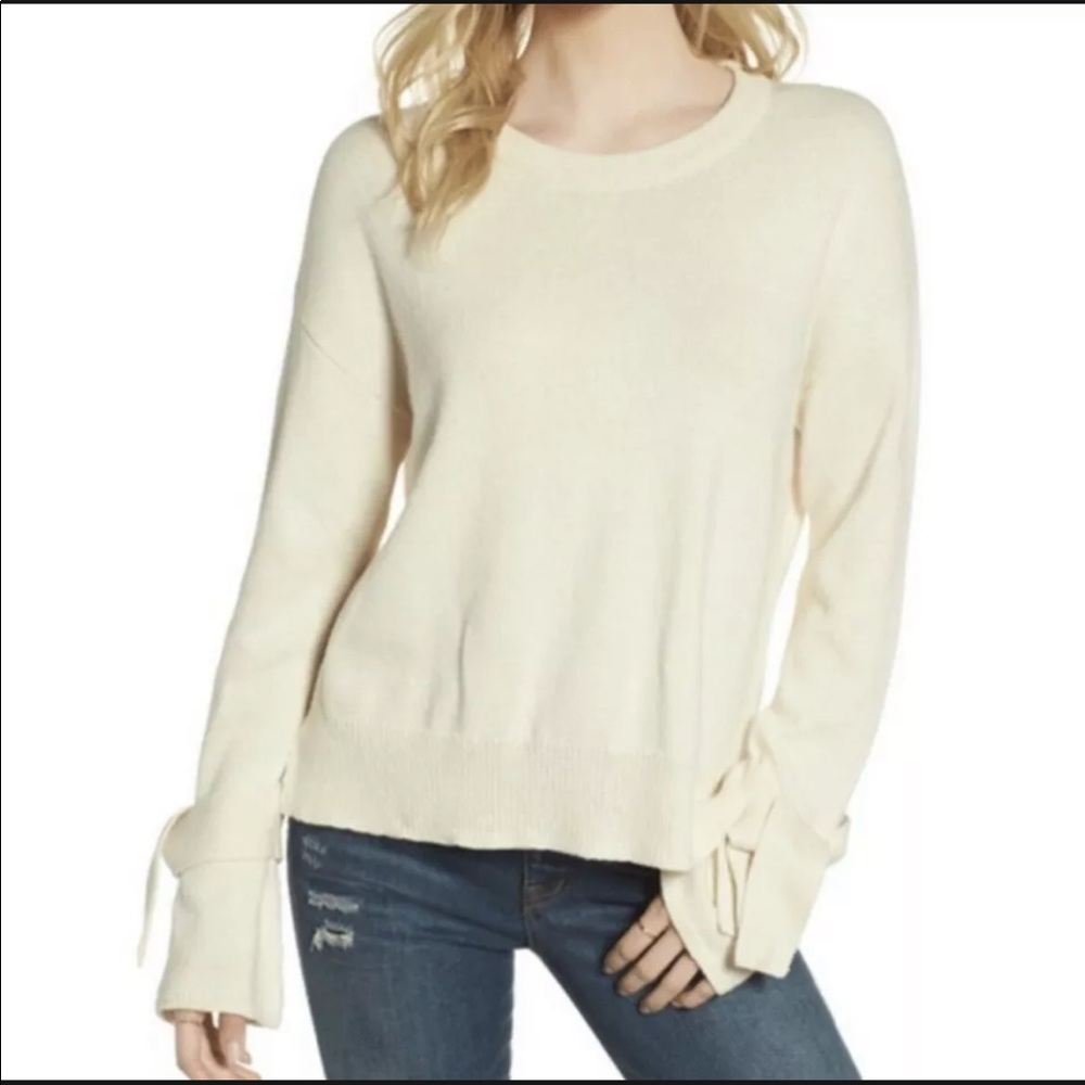 Madewell tie cuff pullover crew neck sweater beige